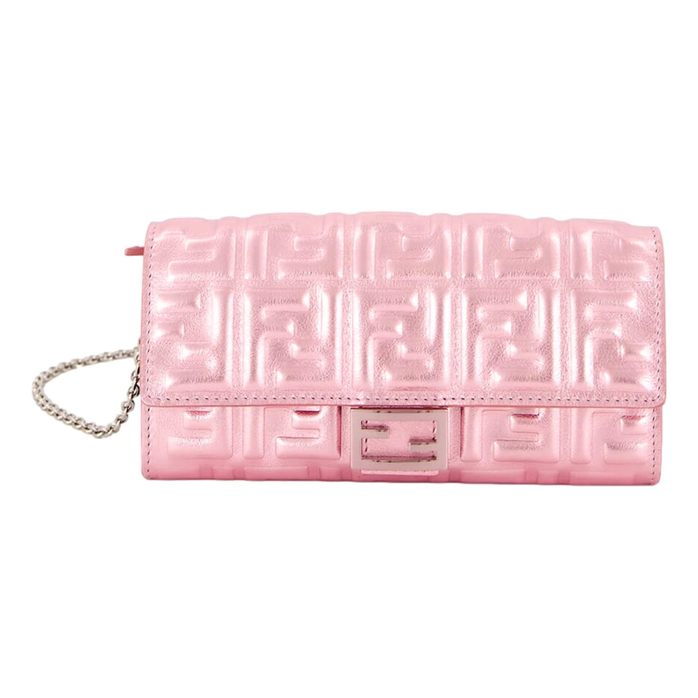 Fendi Baguette Wallet on Chain Metallic Pink FF Embossed Crossbody